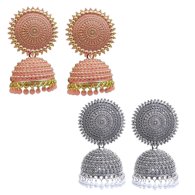 Combo of 2 Silver and Peach Pearls Dome Shape Jhumki