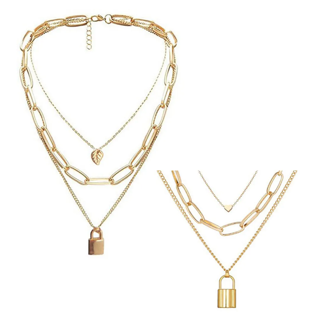 Combo Of 2 Triple Layered Leaf Heart Lock Pendant