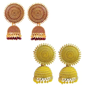 Combo of 2 Yellow and Maroon Pearls Dome Shape Jhumki
