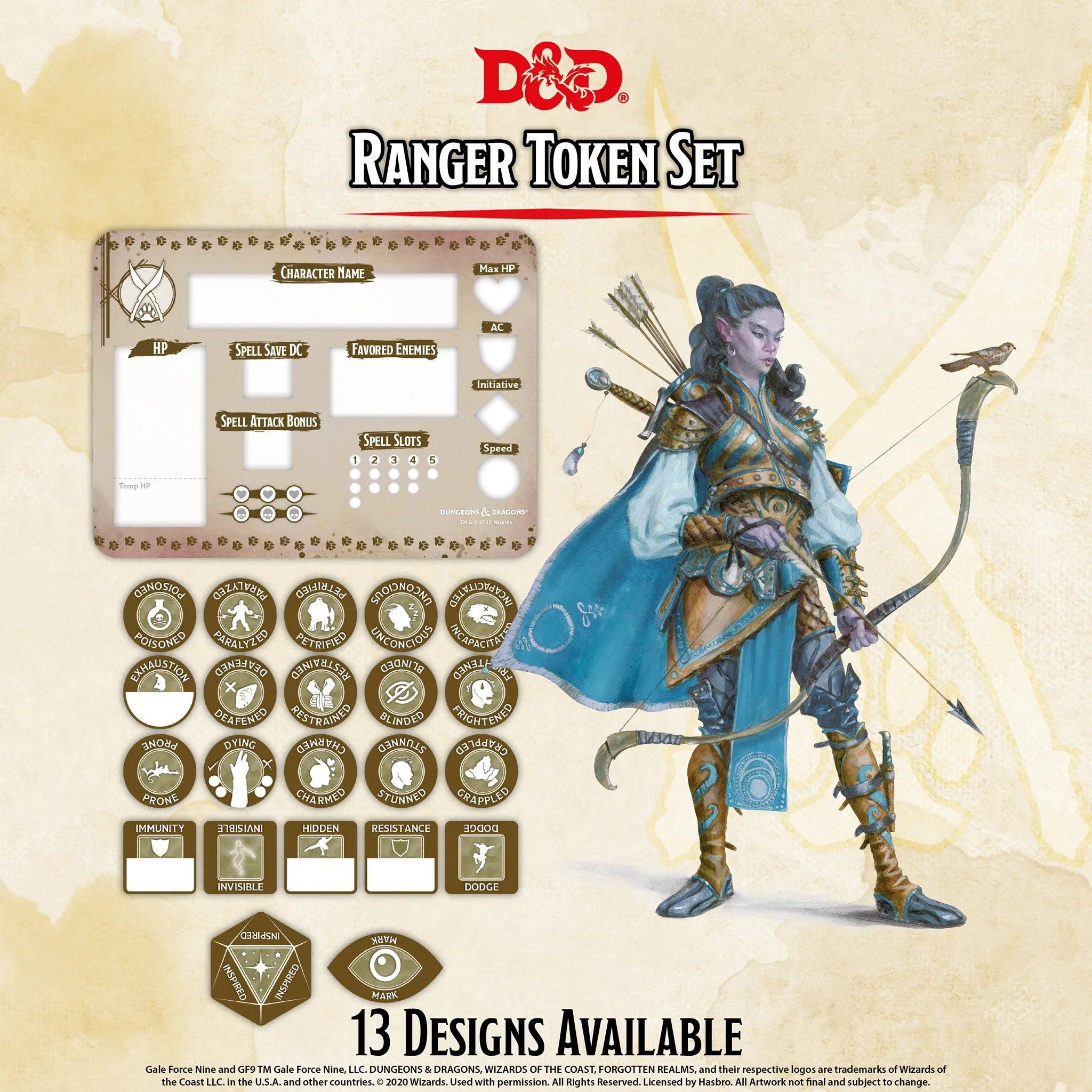 D&D RPG: Ranger Token Set ( Player Board & 22 Tokens)