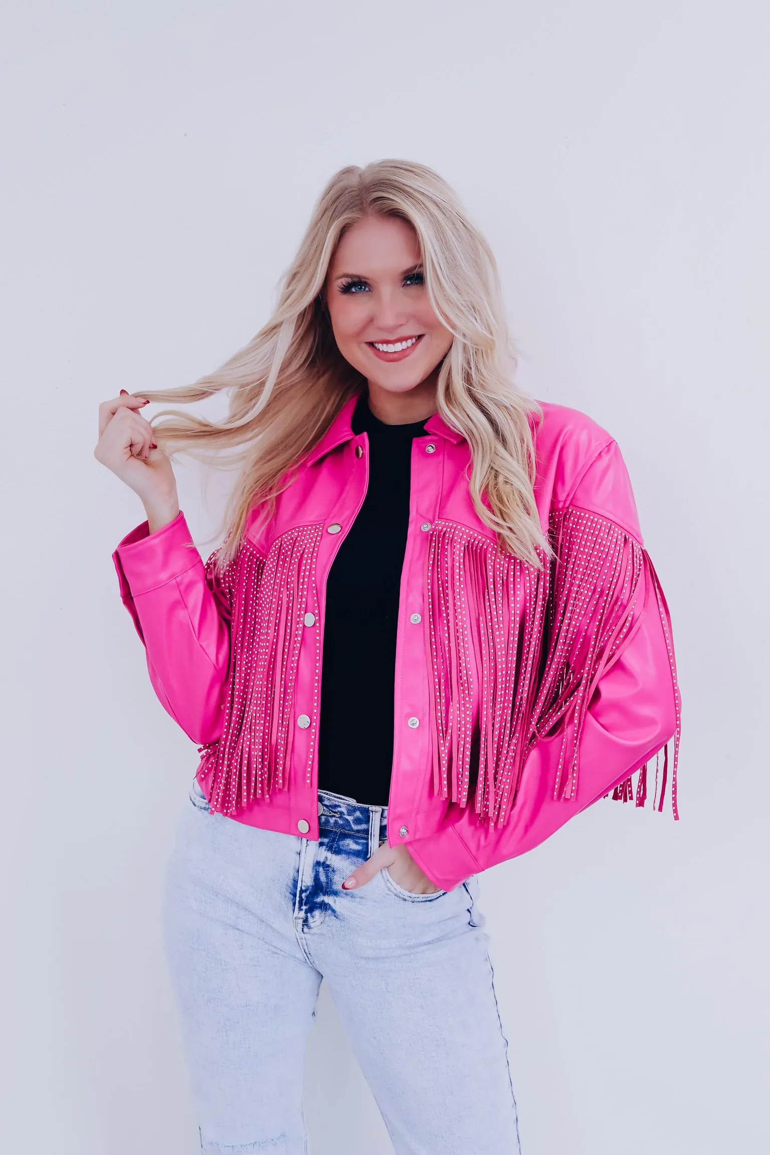 Fenton Faux Leather Fringe Jacket - Pink
