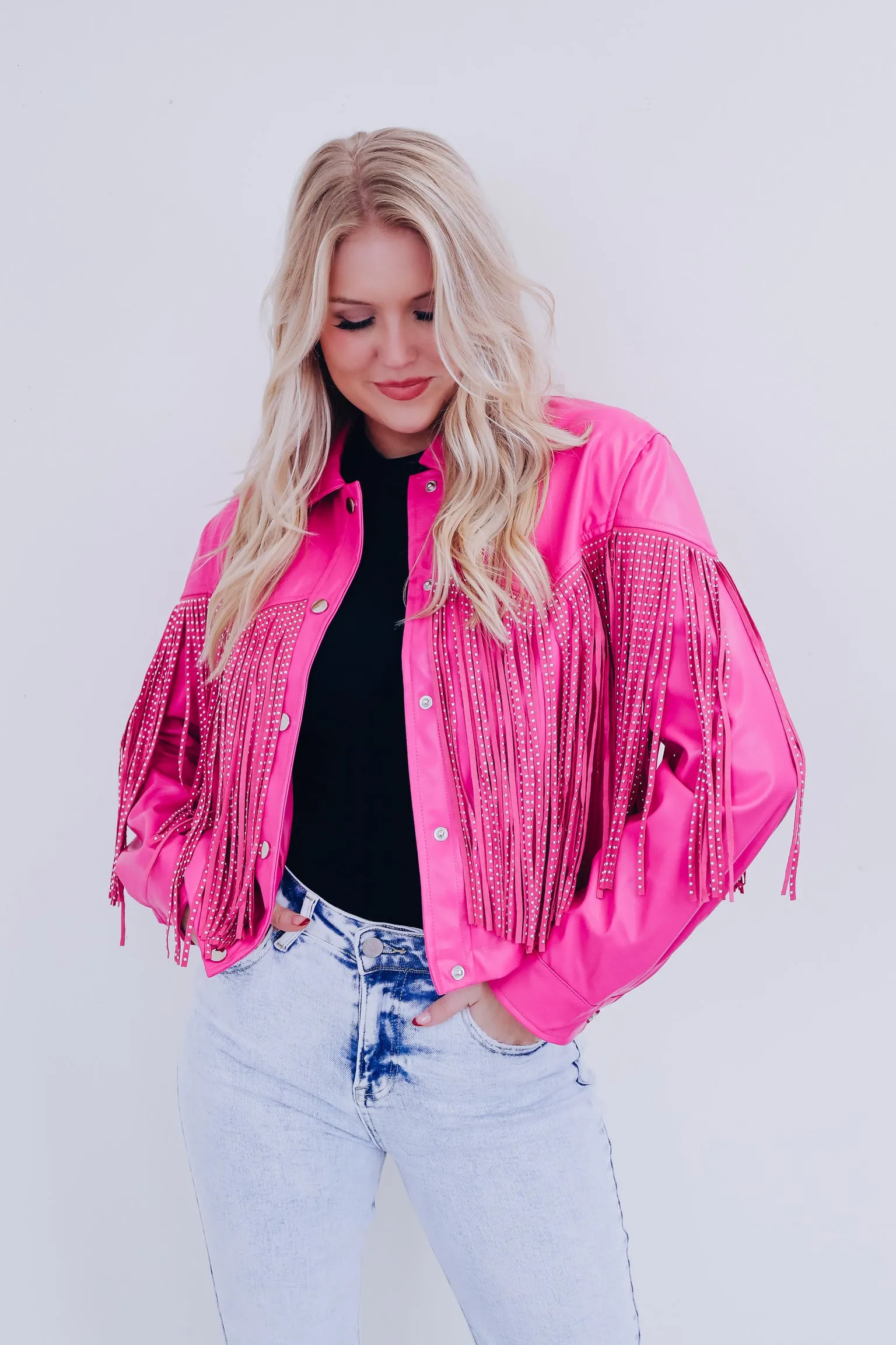 Fenton Faux Leather Fringe Jacket - Pink