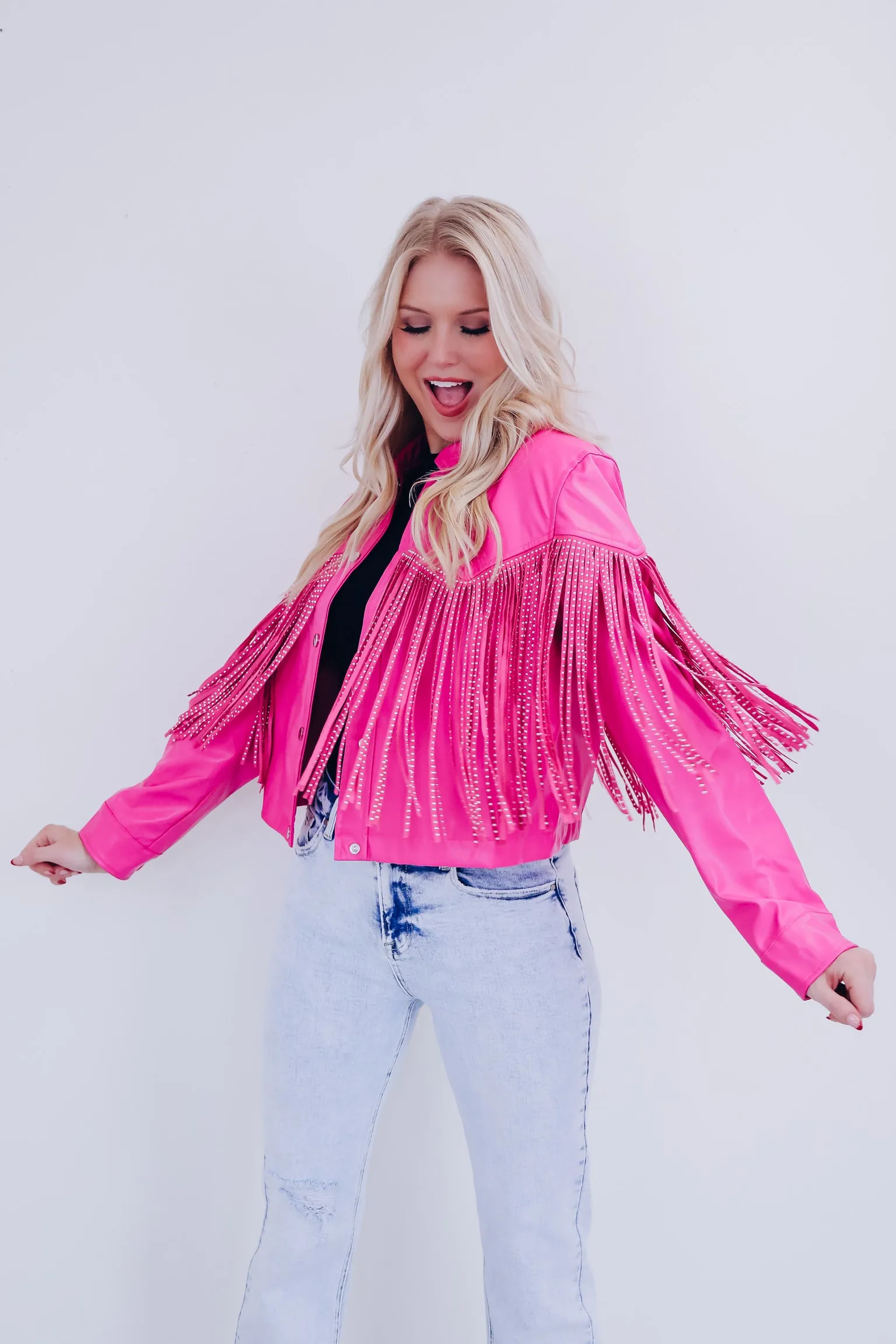 Fenton Faux Leather Fringe Jacket - Pink