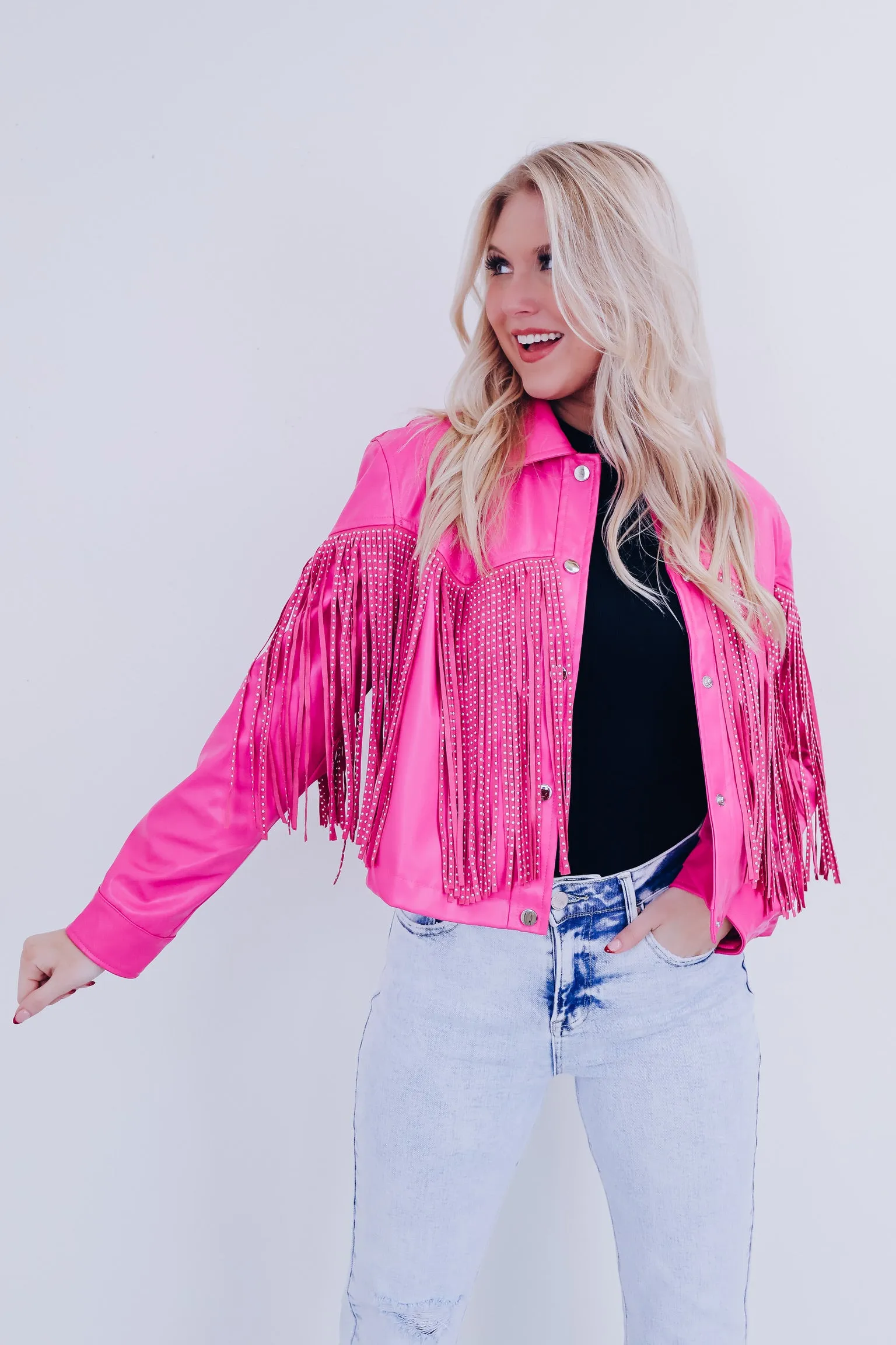Fenton Faux Leather Fringe Jacket - Pink