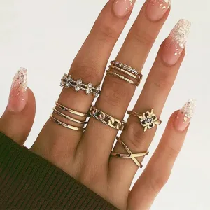 Golden 8 Piece White Crystal Cross Chain Ring Set
