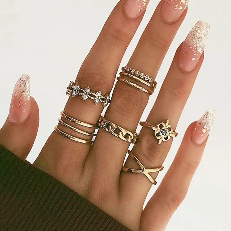 Golden 8 Piece White Crystal Cross Chain Ring Set