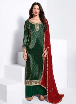 Green and Red Embroidered Stylish Pant Suit