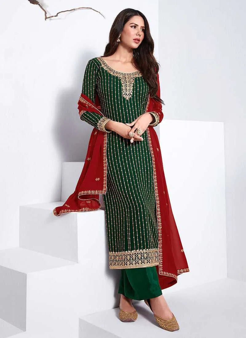 Green and Red Embroidered Stylish Pant Suit