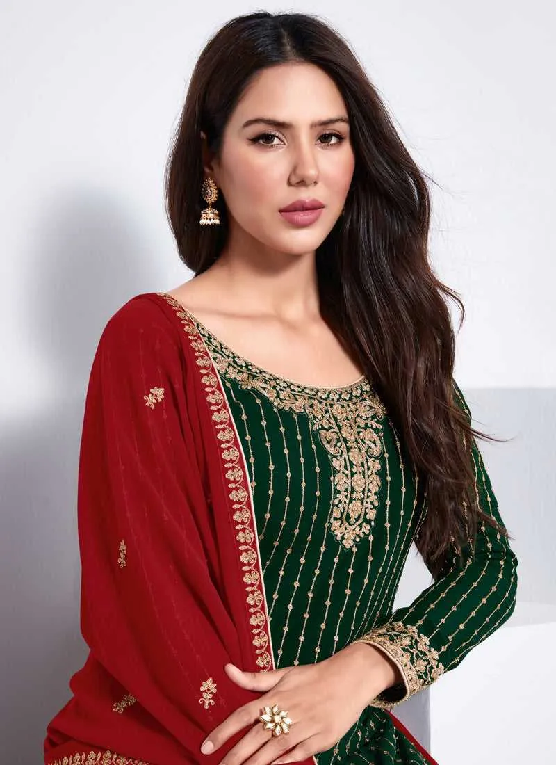 Green and Red Embroidered Stylish Pant Suit