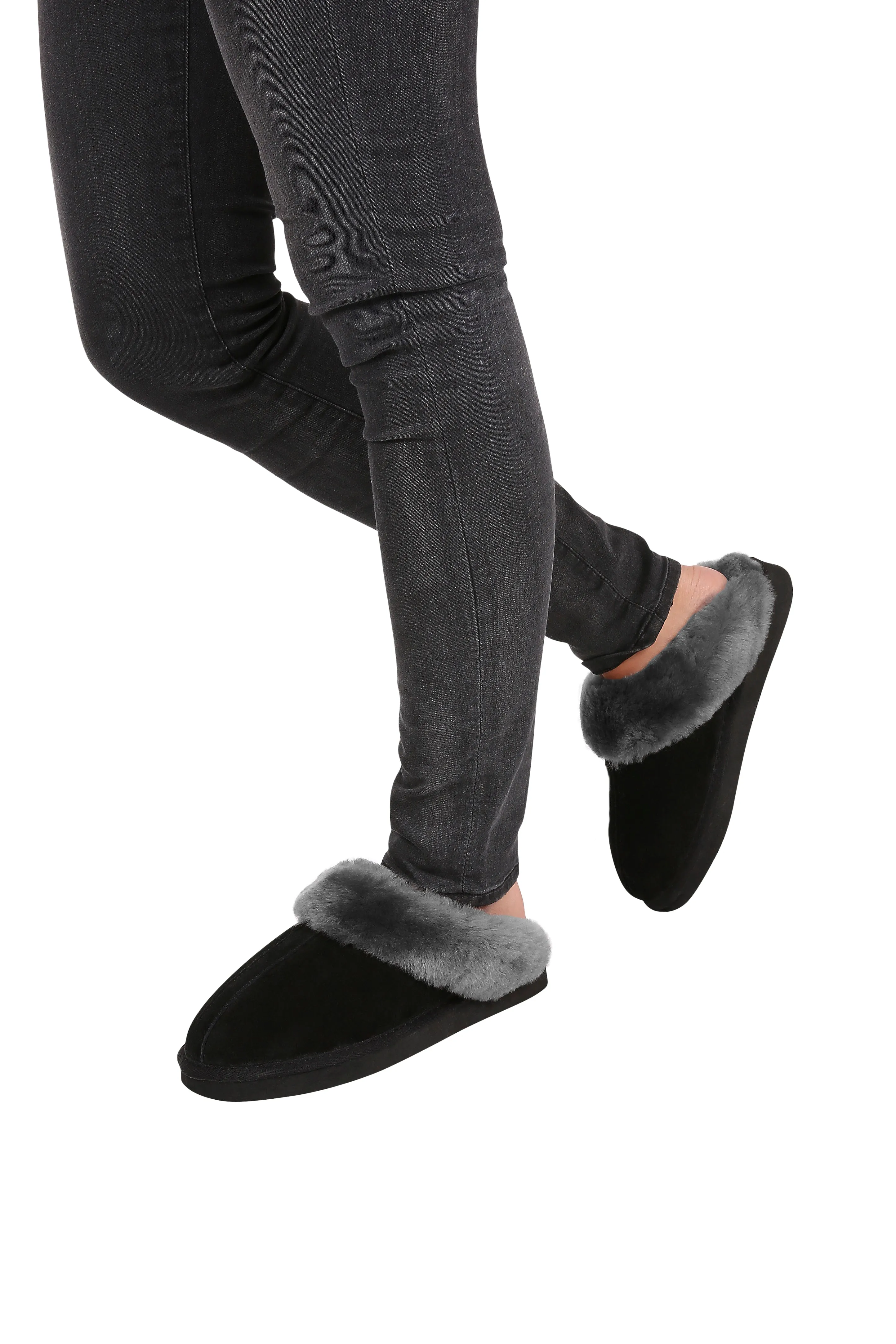 Grey on Black Sheepskin Wedge Slippers