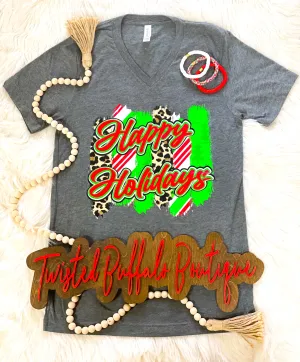 {HAPPY HOLIDAYS} Leopard Paint Strokes Gray V-Neck Tee