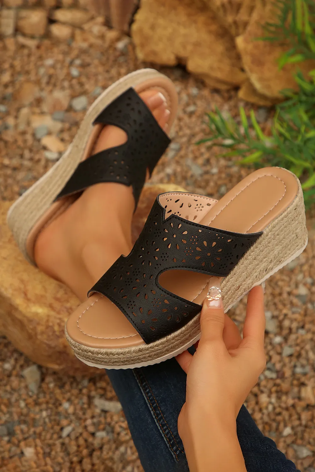 Hollow Out PU Leather Wedge Sandal