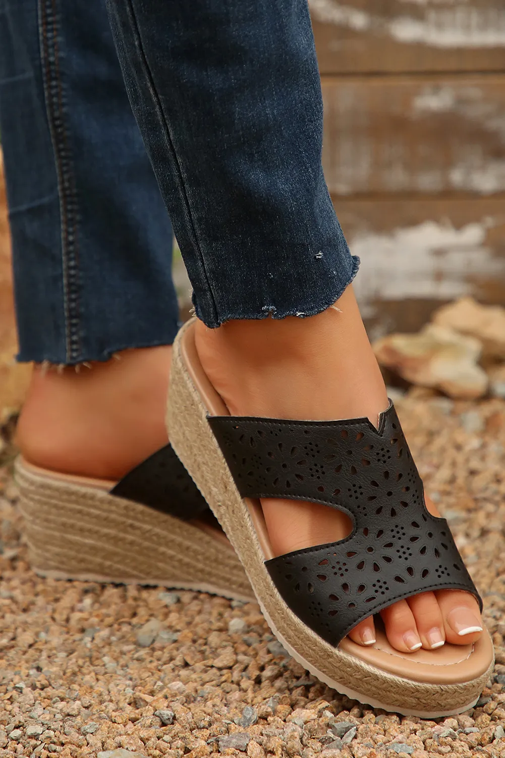 Hollow Out PU Leather Wedge Sandal