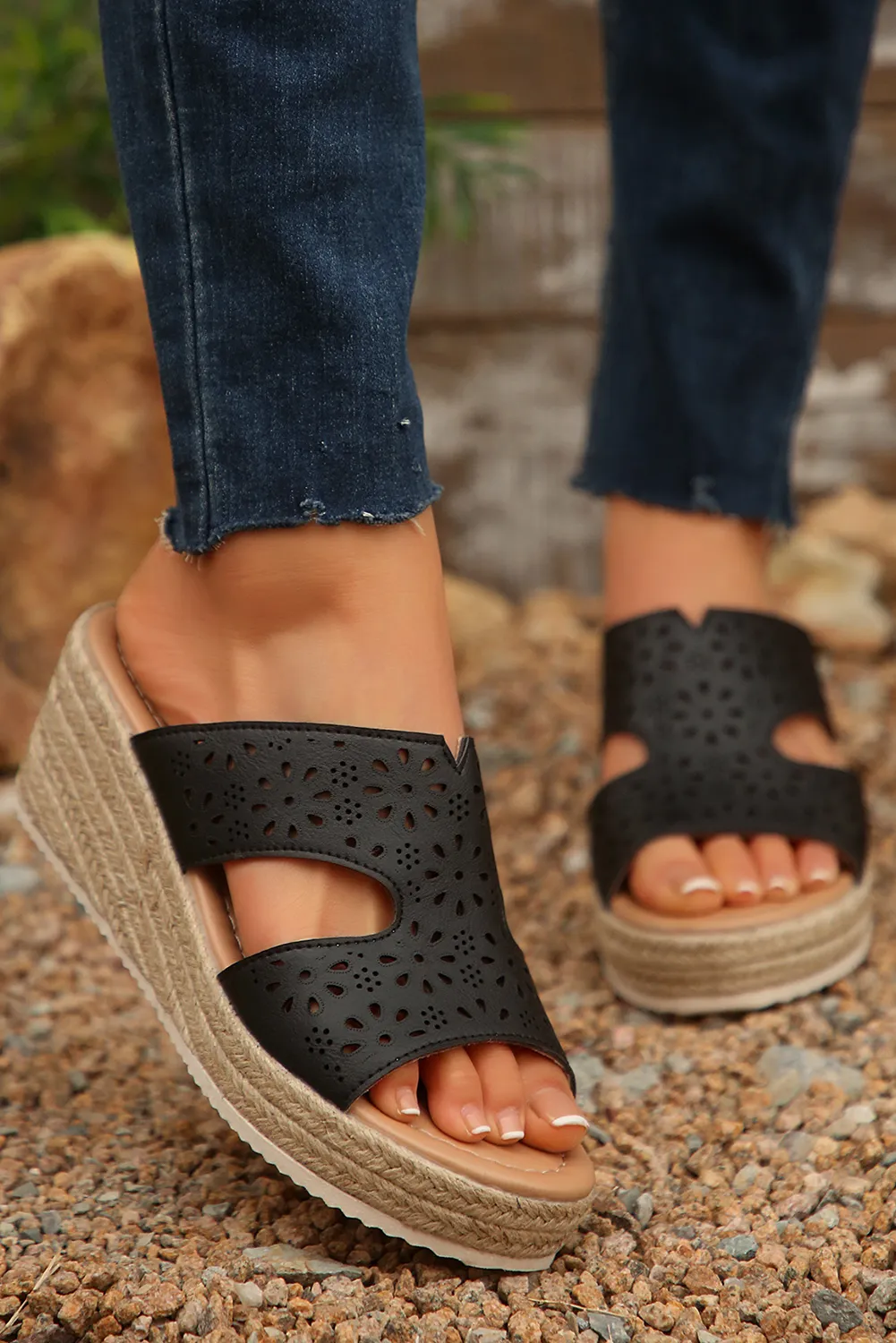 Hollow Out PU Leather Wedge Sandal