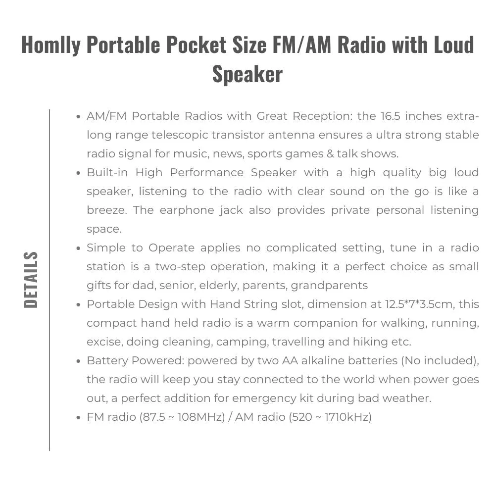 Homlly Portable Pocket Size FM/AM Radio with Loud Speaker