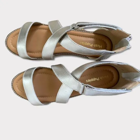 Hush Puppies Briard X Back Zip, Silver Metallic Leather Sandals Size 11
