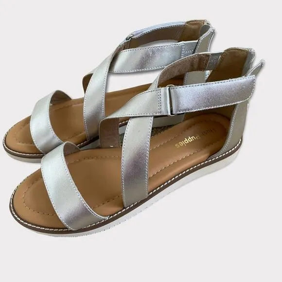 Hush Puppies Briard X Back Zip, Silver Metallic Leather Sandals Size 11