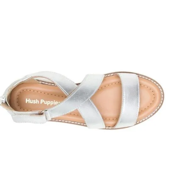Hush Puppies Briard X Back Zip, Silver Metallic Leather Sandals Size 11