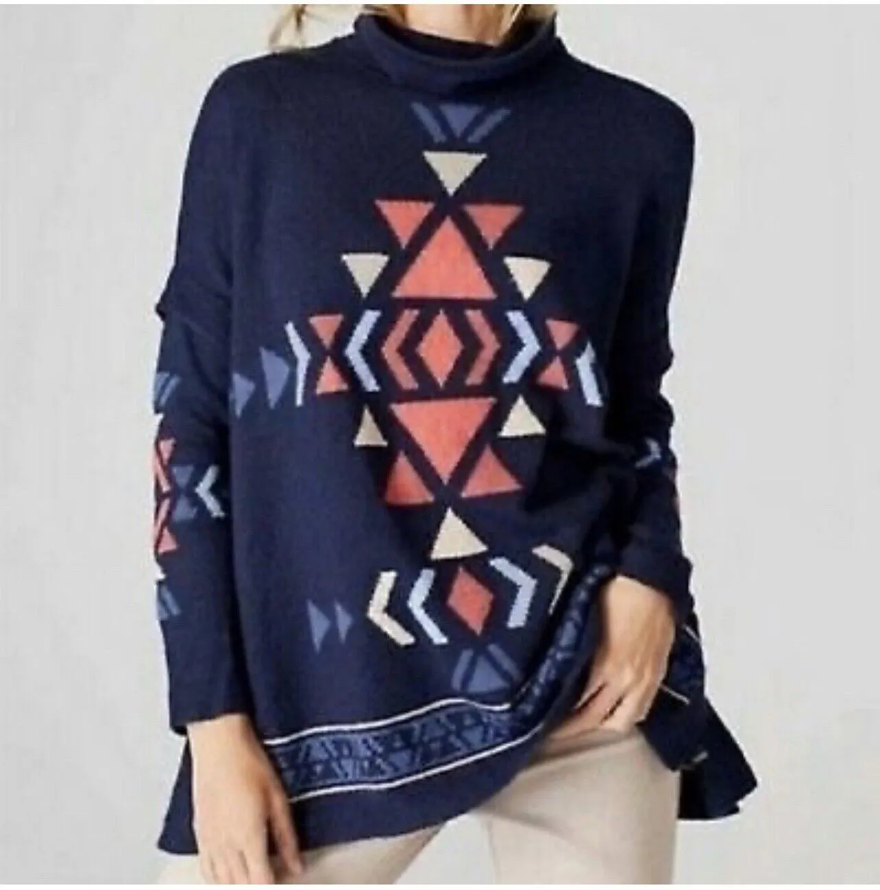 J. JILL Aztec Turtleneck  Sweater Sz S Doleman Sleeve Tunic Botton Boho Western
