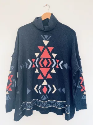 J. JILL Aztec Turtleneck  Sweater Sz S Doleman Sleeve Tunic Botton Boho Western