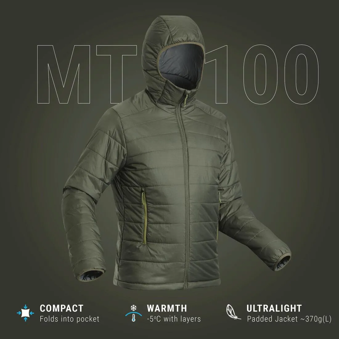 Men's Synthetic Mountain Trekking Hooded Padded Jacket - MT100 - 5°C
