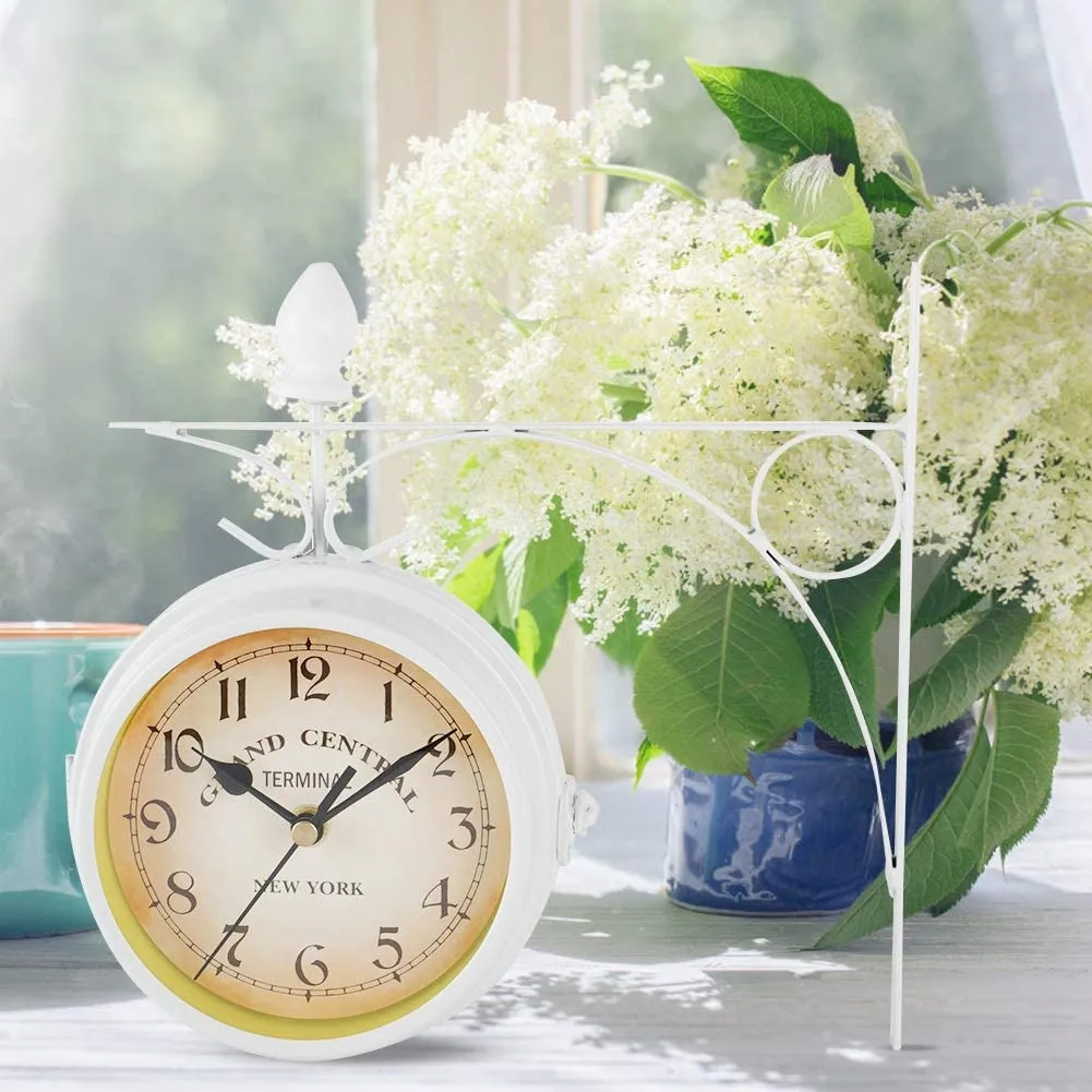 New Double Sided Wall Clock Wrought Iron Hanging Clocks, Quiet, Easy Read Retro Art Clock for Indoor Outdoor Garden Home Decoration