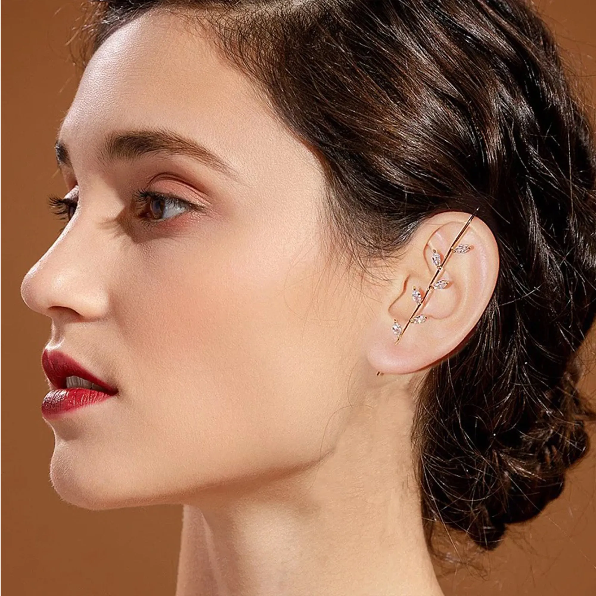 Pack Of 2 Gold Plated Zircon Studded Leaf Ear Cuff