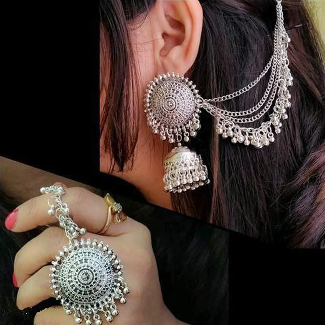 Pack of 2 Kashmiri Jhumka and Bahubali Earrings With Maang Tikka