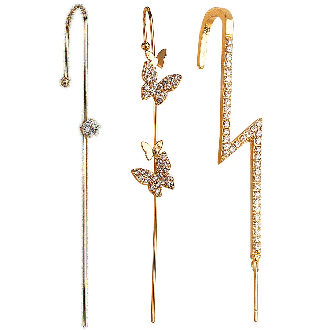 Pack Of 3 Studded Butterfly And Thunderbolt Ear Cuff