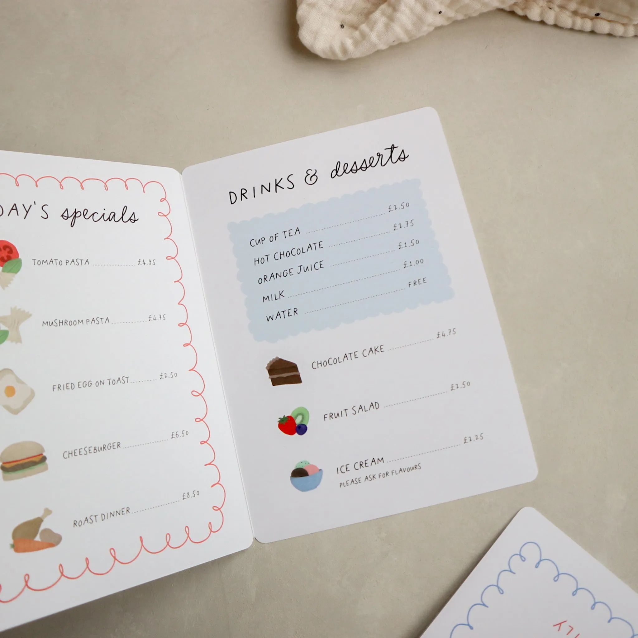 Personalised kids play cafe menu
