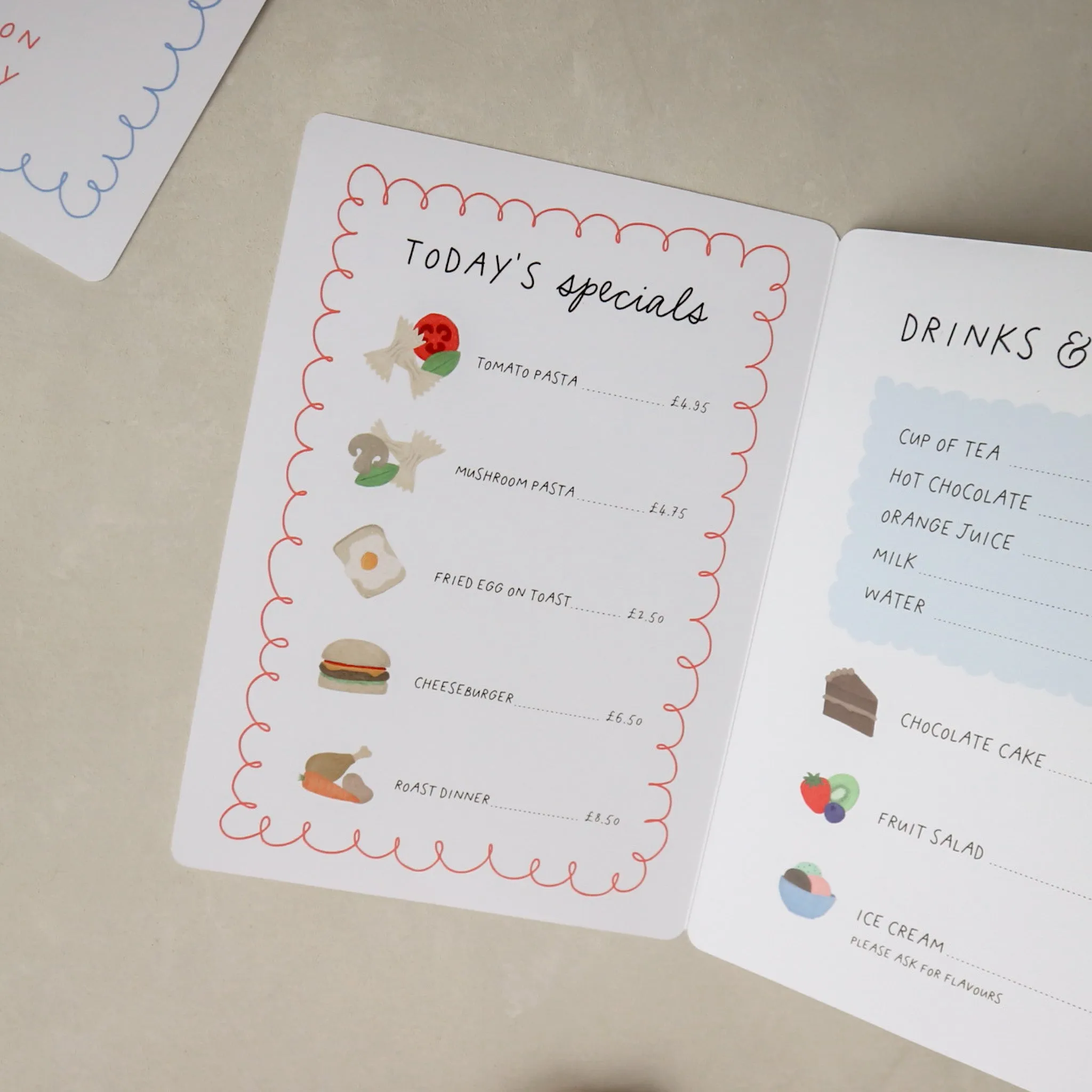 Personalised kids play cafe menu