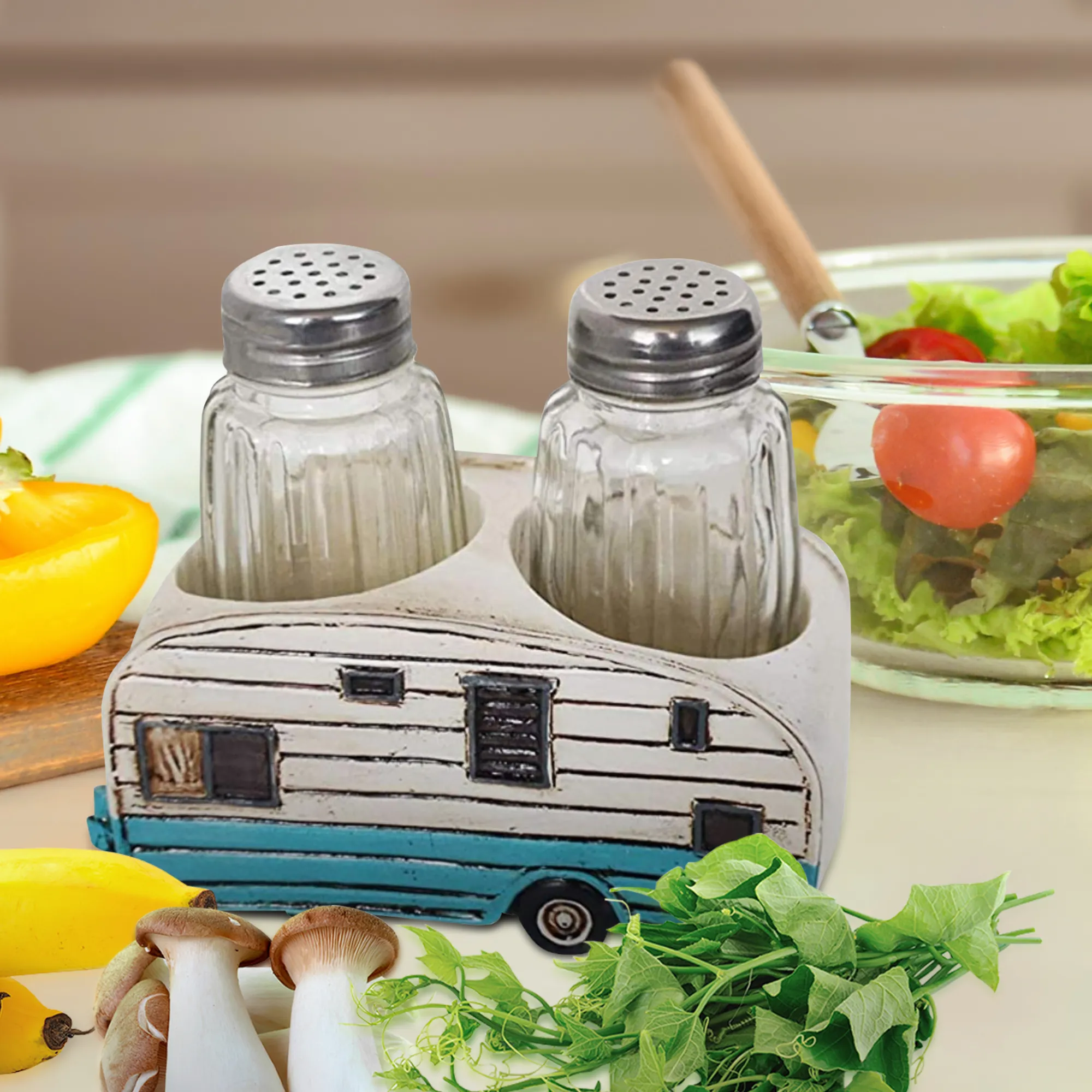 Pine Ridge Camper Salt and Pepper Shaker Set - Two Glass Shakers, Camper Holder Caddy For Spices And Seasonings, For Kitchen, Camping, Dining Or Table Decor