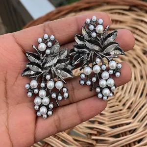 Silver Flower Pearl Stud Earrings