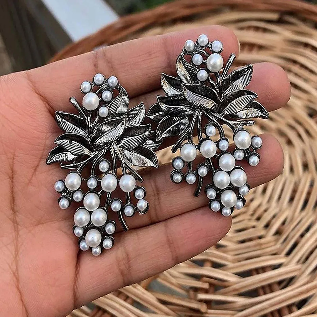 Silver Flower Pearl Stud Earrings