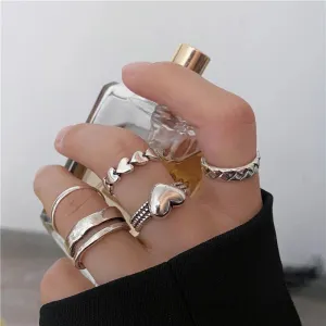 Silver Plated 6 Piece Simple Heart Ring Set