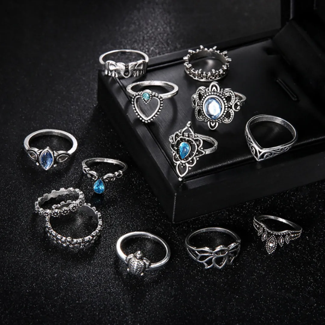 Silver Plated Eleven Piece Vintage Floral Ring Set