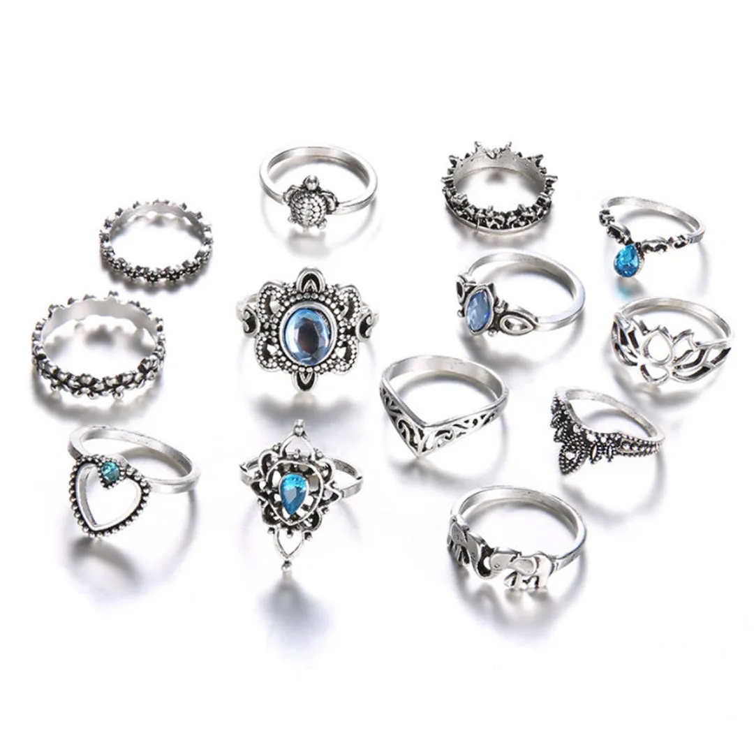 Silver Plated Eleven Piece Vintage Floral Ring Set