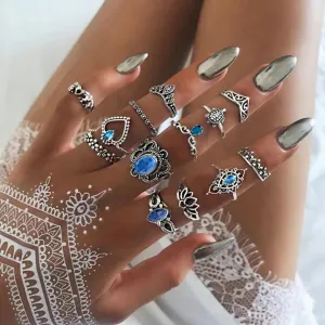 Silver Plated Eleven Piece Vintage Floral Ring Set