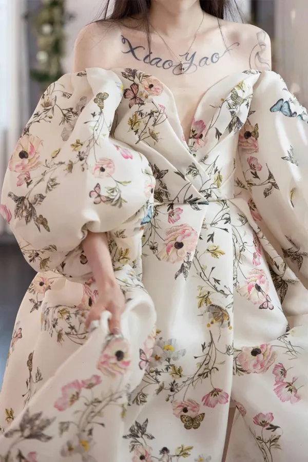 Stylish Printed Pattern Long Prom Dress, White Long Sleeve Evening Party Dress APP0787