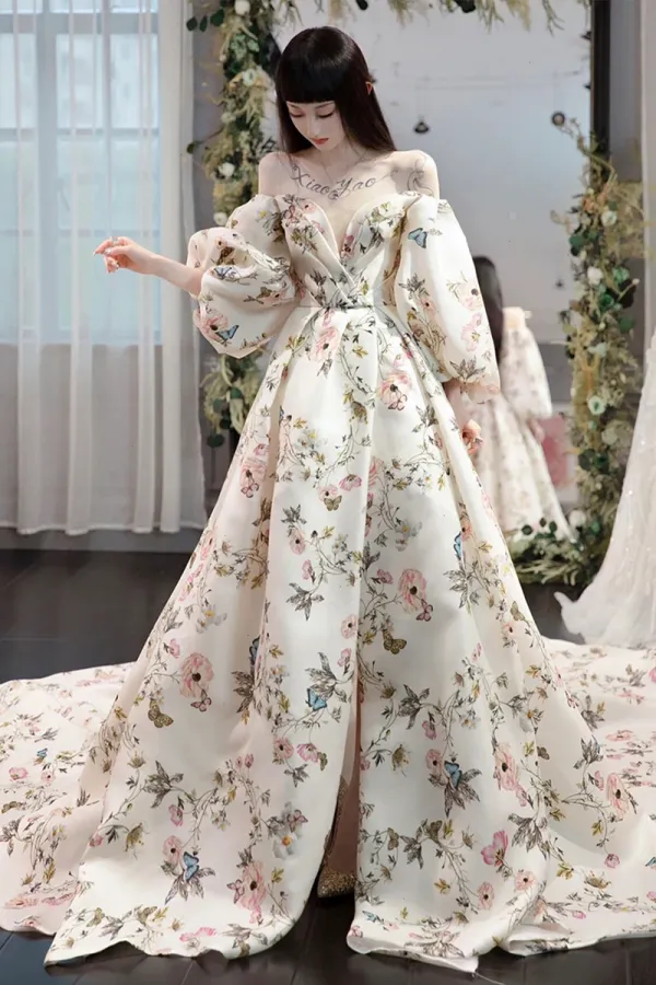 Stylish Printed Pattern Long Prom Dress, White Long Sleeve Evening Party Dress APP0787