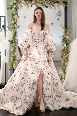 Stylish Printed Pattern Long Prom Dress, White Long Sleeve Evening Party Dress APP0787