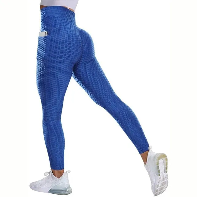 Textured High Rise Leggings - Blue No Pockets