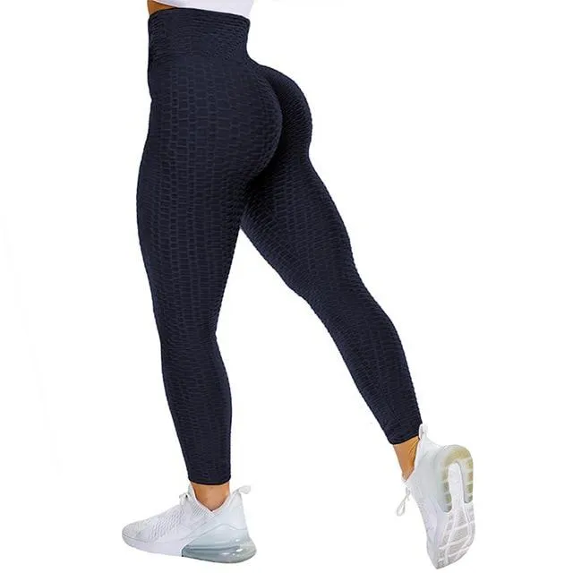 Textured High Rise Leggings - Blue No Pockets