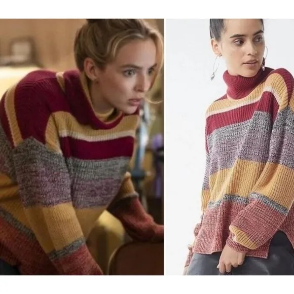 Urban Outfitters Jodie Comer FREE GUY StripeD Chunky Knit Turtleneck Sweater SM