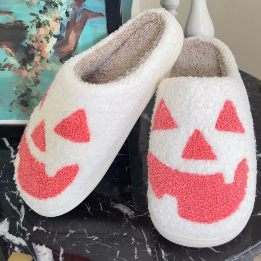 White Halloween Pumpkin Slipper, JackOLantern Slipper, Halloween Slipper, Spooky Slipper, Fall Slipper, Spooky Season Slipper, Fall Slipper