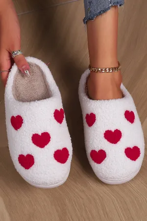 White Hearts Print Plush House Slippers