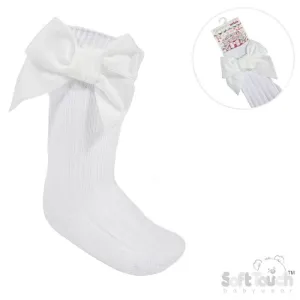 White Ribbed Knee Length Socks with Velvet Bow
