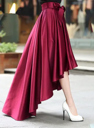 Women High Low Skirt with Belt, Burgundy Skirt, Women Skirts