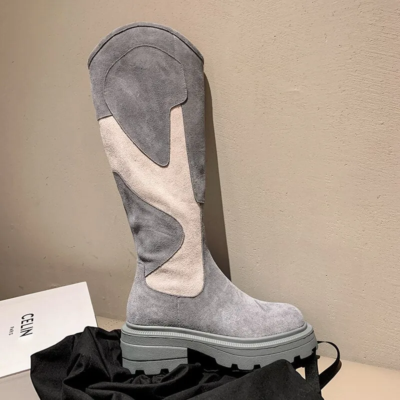 Women knee-high boots cowhide cow suede Knight boots