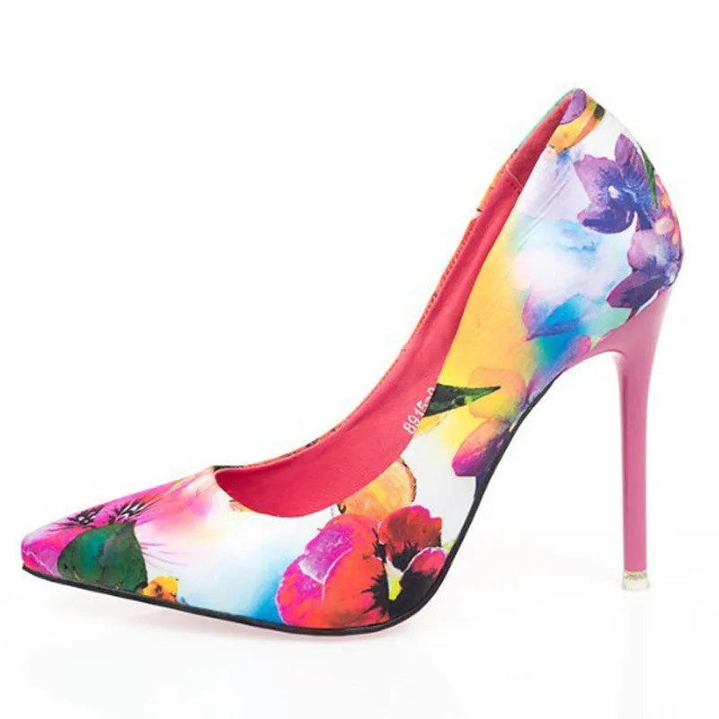Women summer spring satin thin high heels printing flowers classic high pointed toe women pumps women shoes